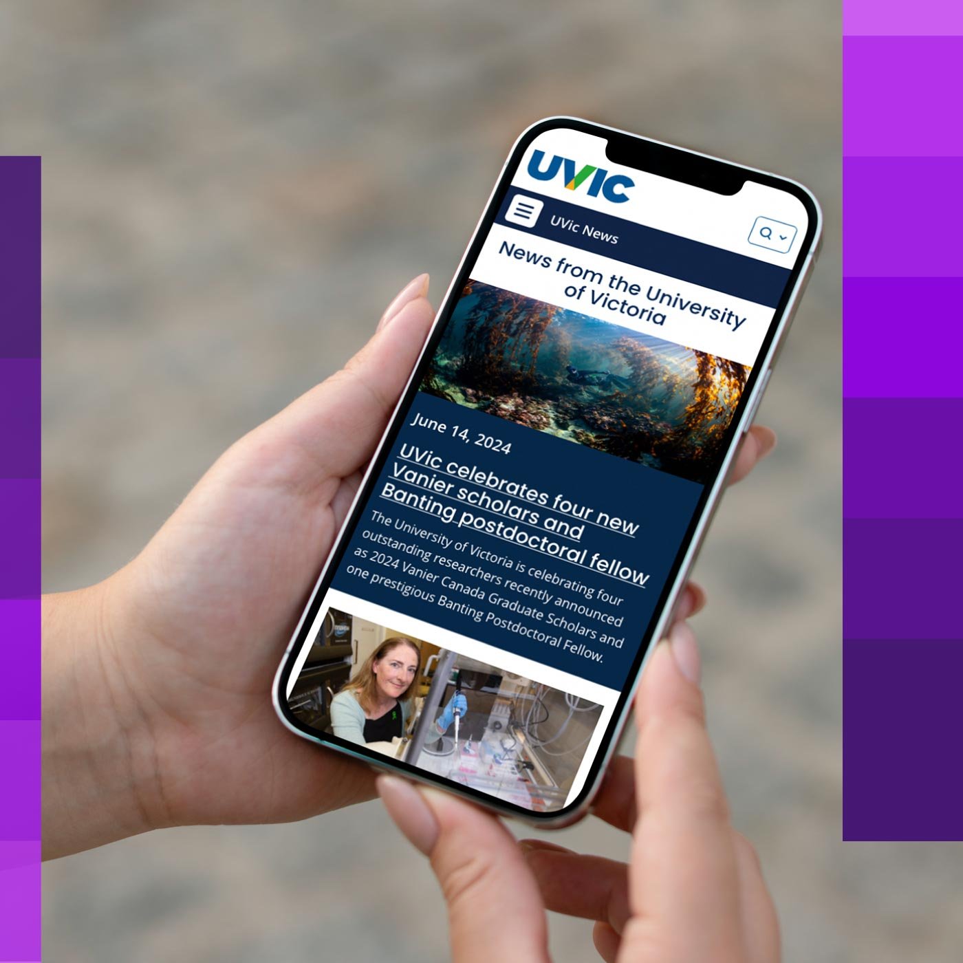 UVic News website as seen on a phone screen.